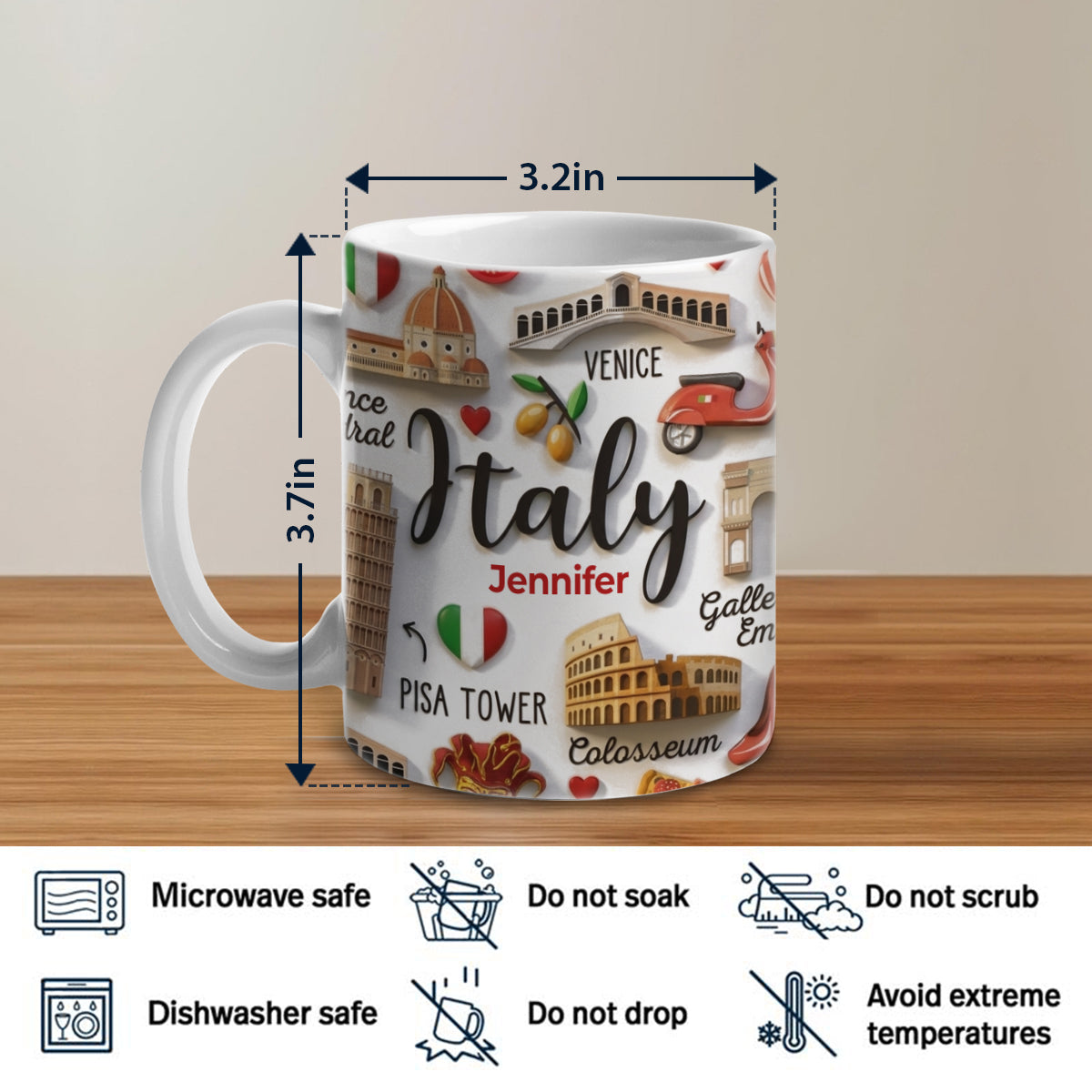 Italy Coffee Mug Cup With Custom Your Name Emboss Effect