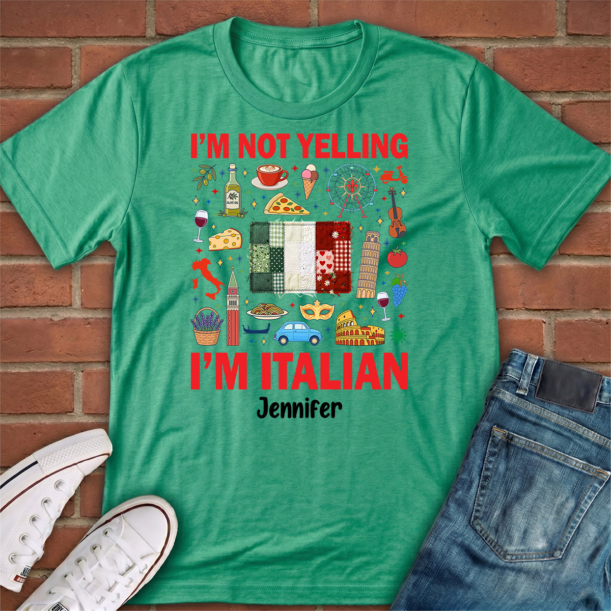 Custom I'm Italian T-shirt With Flag Faux Patchwork Effect