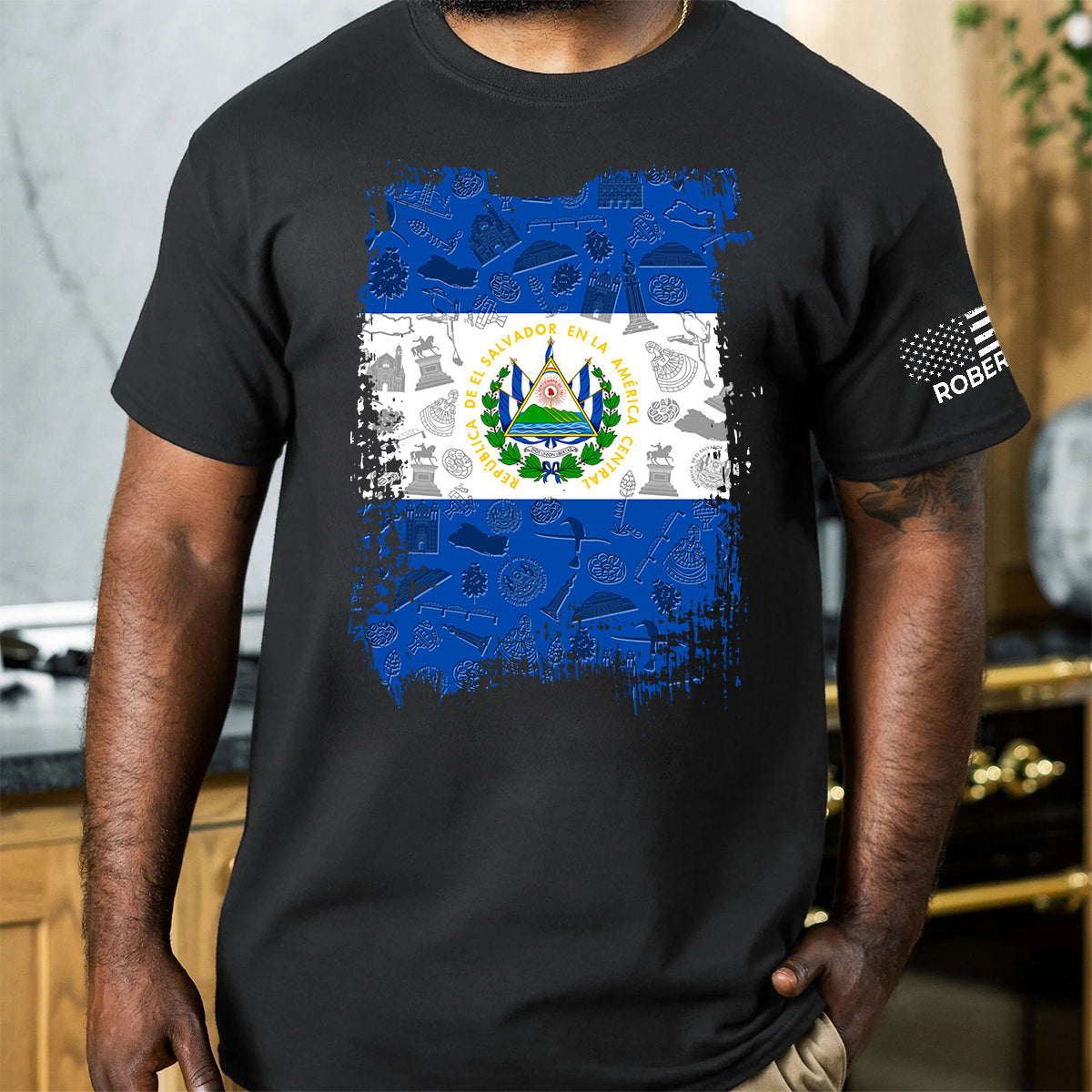 El Salvador Flag T-Shirt With Custom Name On Sleeve