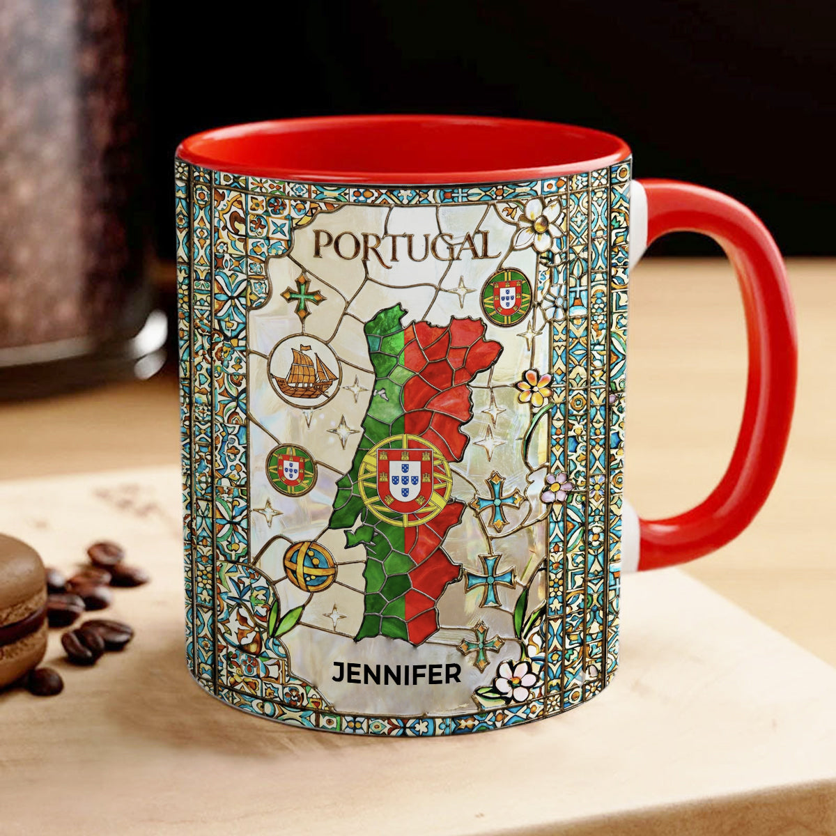 Custom Portugal Accent Mug With Flower Patterns