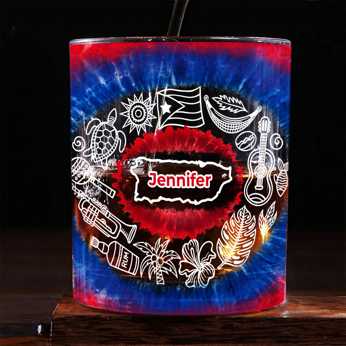 Custom Puerto Rico Tie Dye Whiskey Glass And Name