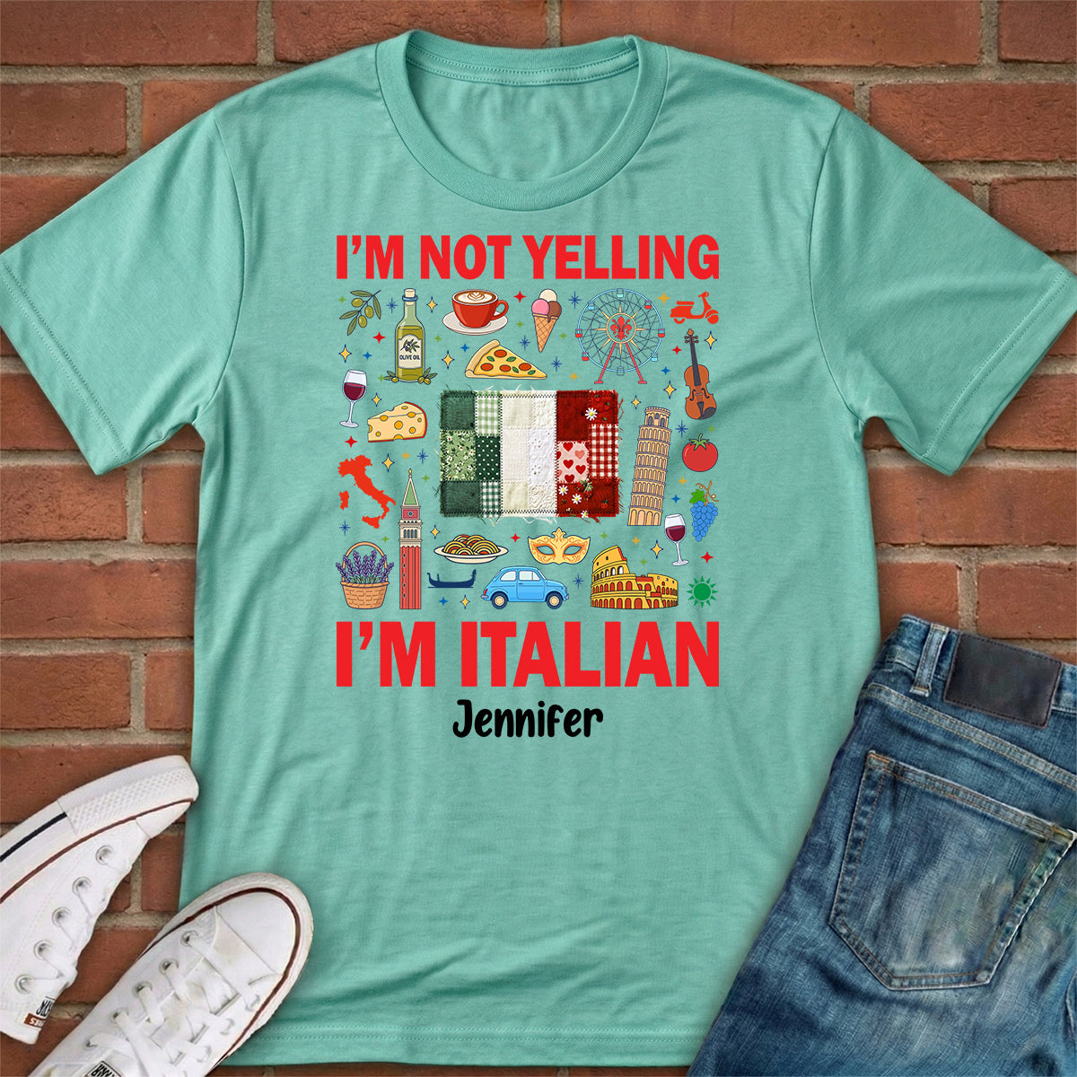 Custom I'm Italian T-shirt With Flag Faux Patchwork Effect