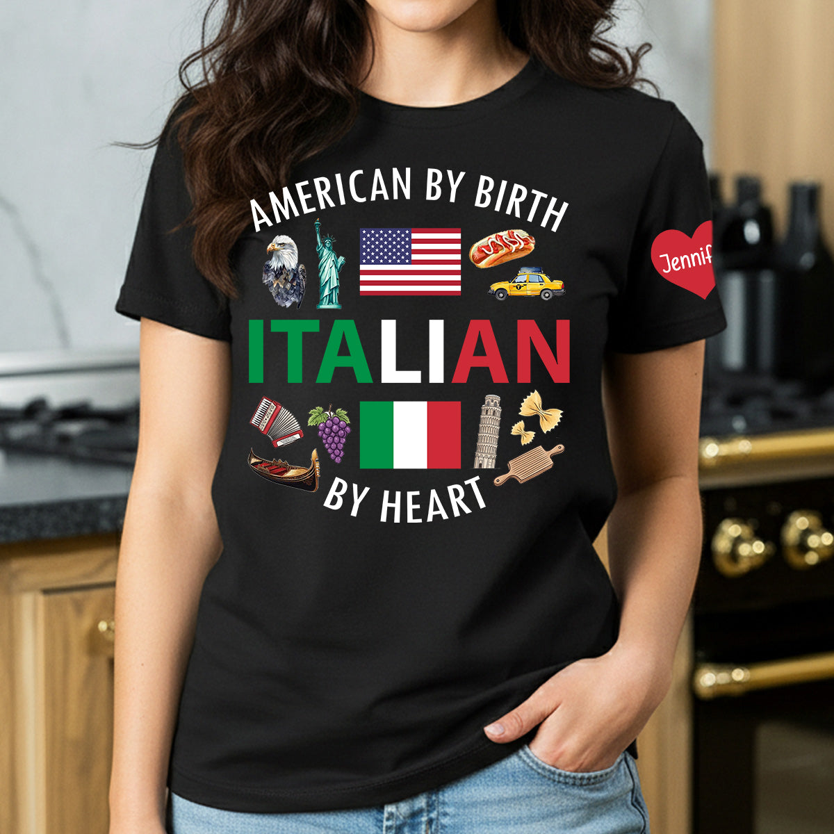 Custom Italian By Heart T-shirt With Name On The Sleeve