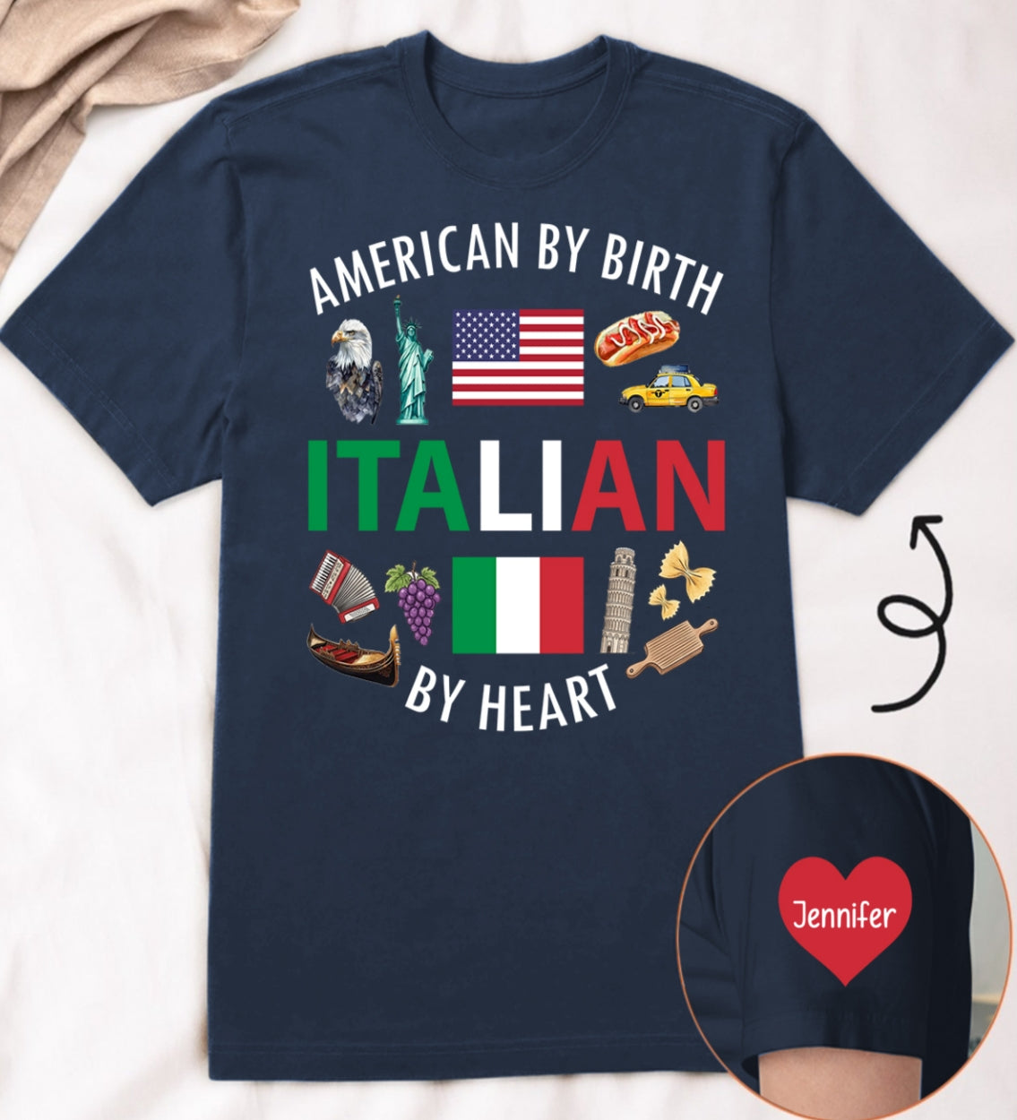 Custom Italian By Heart T-shirt With Name On The Sleeve