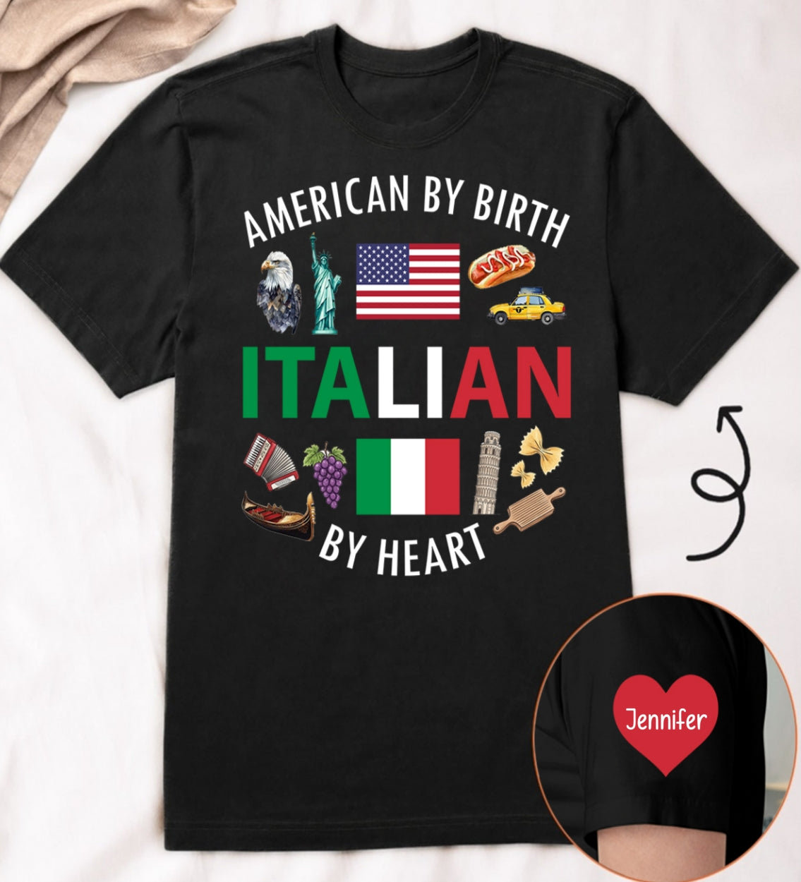 Custom Italian By Heart T-shirt With Name On The Sleeve