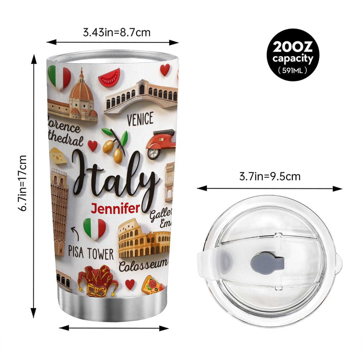Italy Tumbler With Custom Your Name Emboss Effect