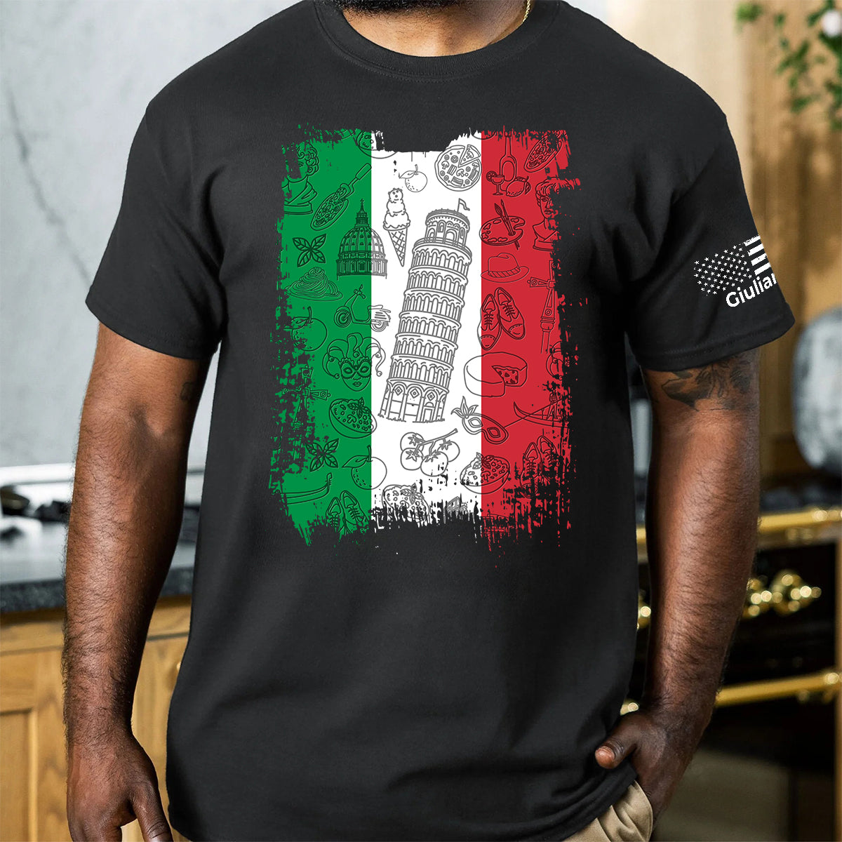 Italy Flag T-Shirt With Custom Name On Sleeve