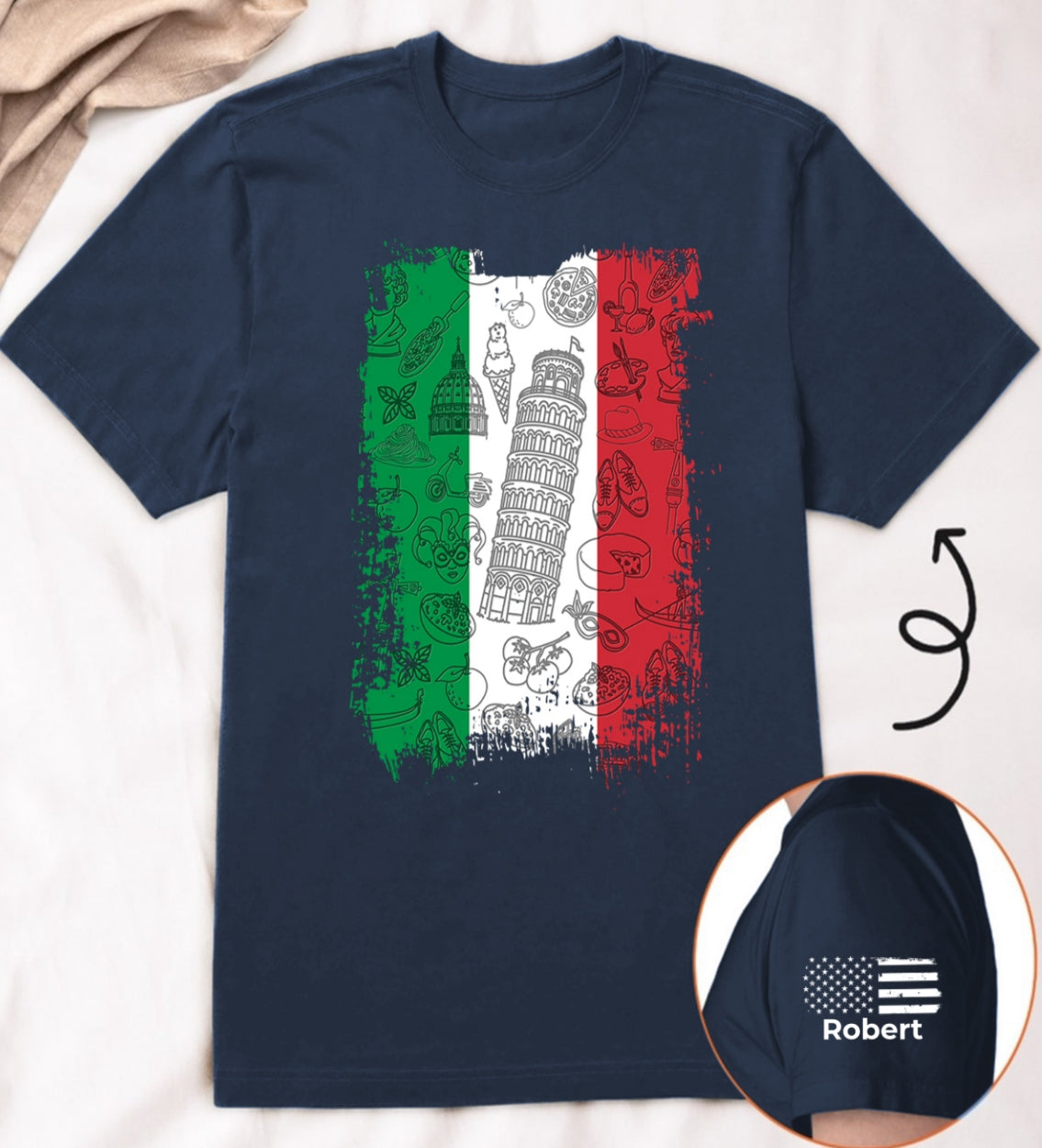 Italy Flag T-Shirt With Custom Name On Sleeve