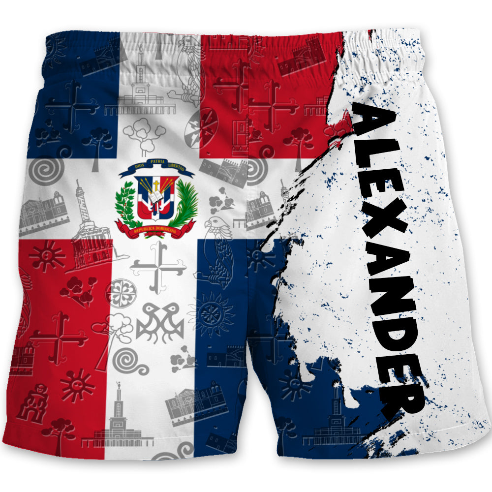 Dominican Half Flag With Grunge Brush Men's Personalized Beach Shorts