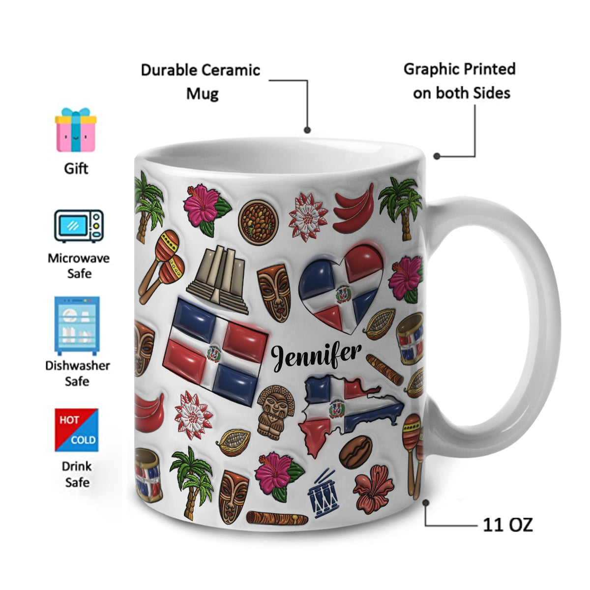 Custom Dominican Republic Coffee Mug Cup With Heart, Map, Flag