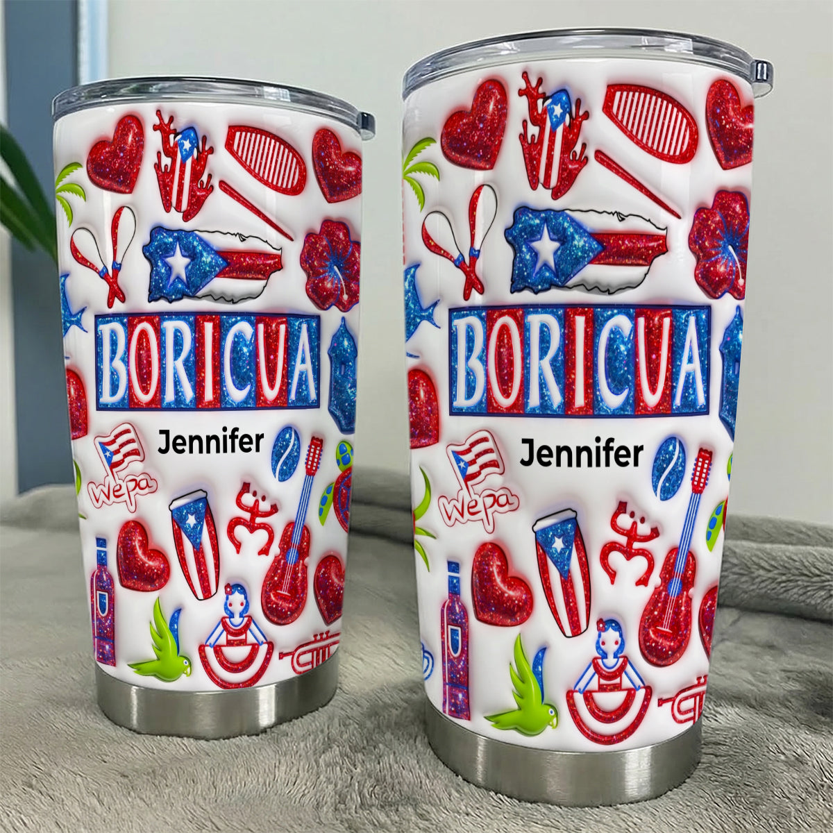 Custom Boricua Tumbler With Your Name With Glitter Effect Print