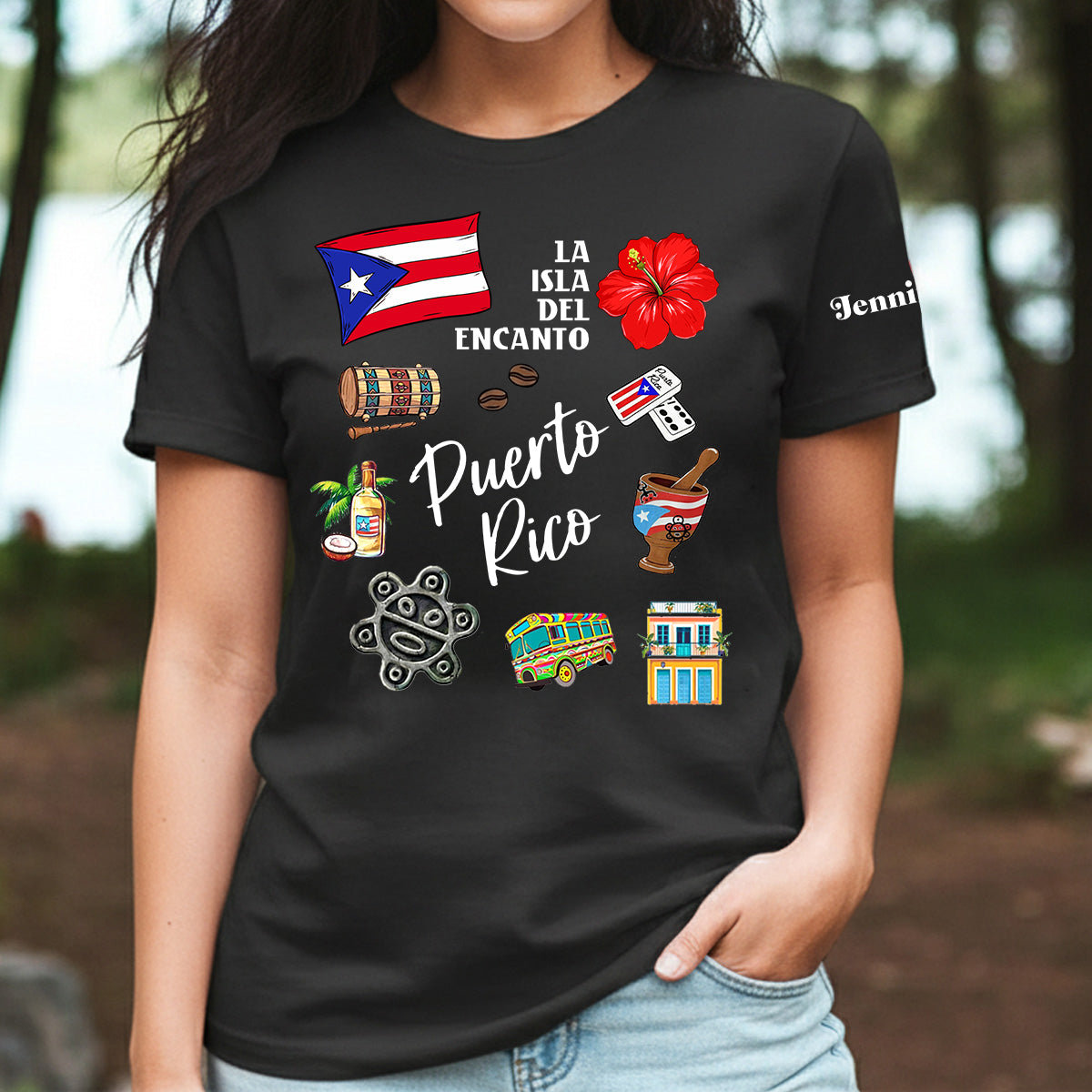 Custom Puerto Rico Symbols T-shirt With Name On The Sleeve