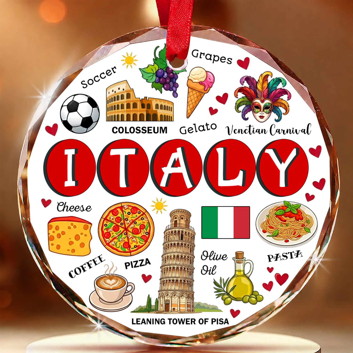 Italy Circle Glass Ornament With Symbols Around