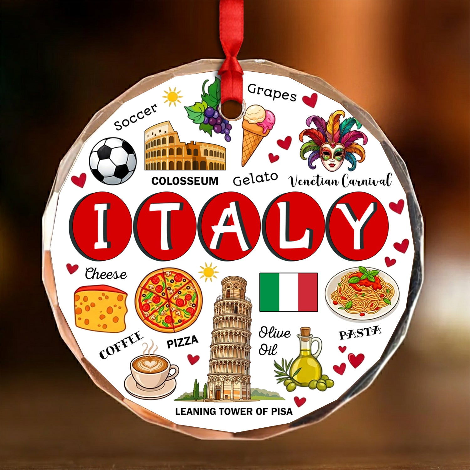 Italy Circle Glass Ornament With Symbols Around