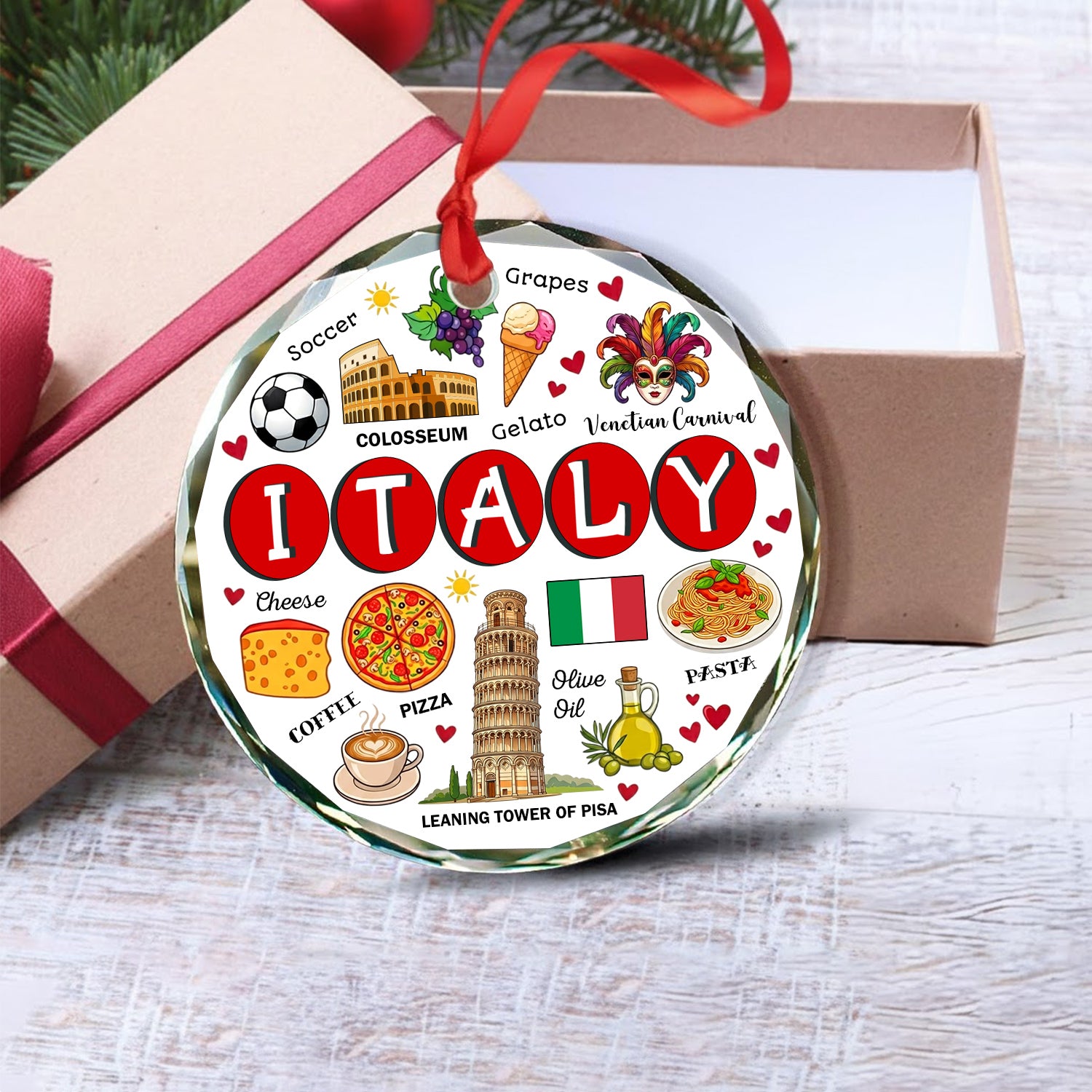 Italy Circle Glass Ornament With Symbols Around