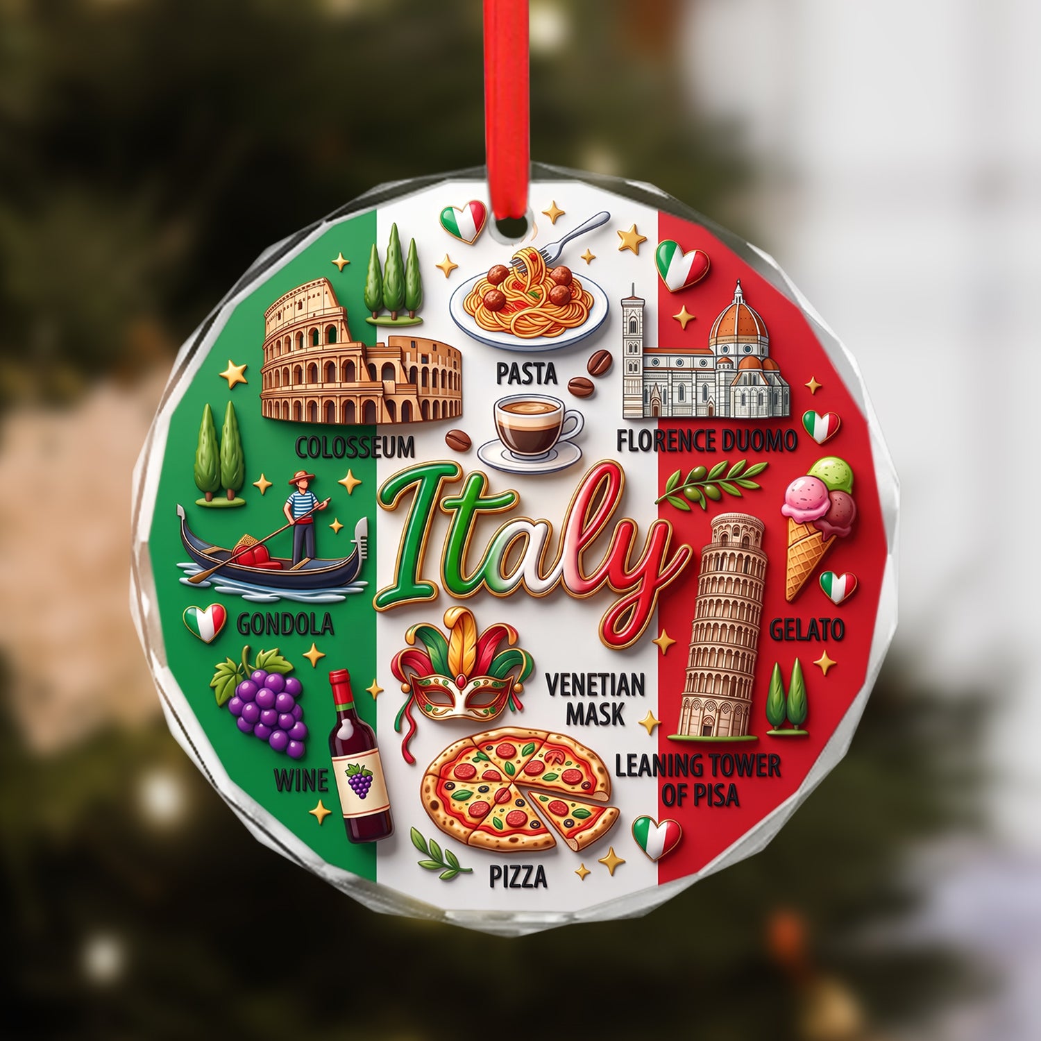 Italy Glass Ornament With 2D Print Symbols