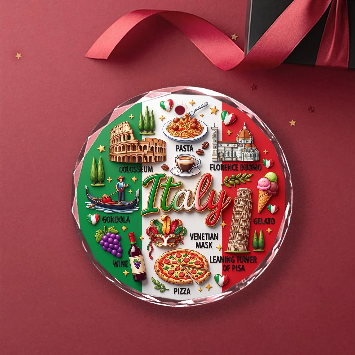 Italy Glass Ornament With 2D Print Symbols
