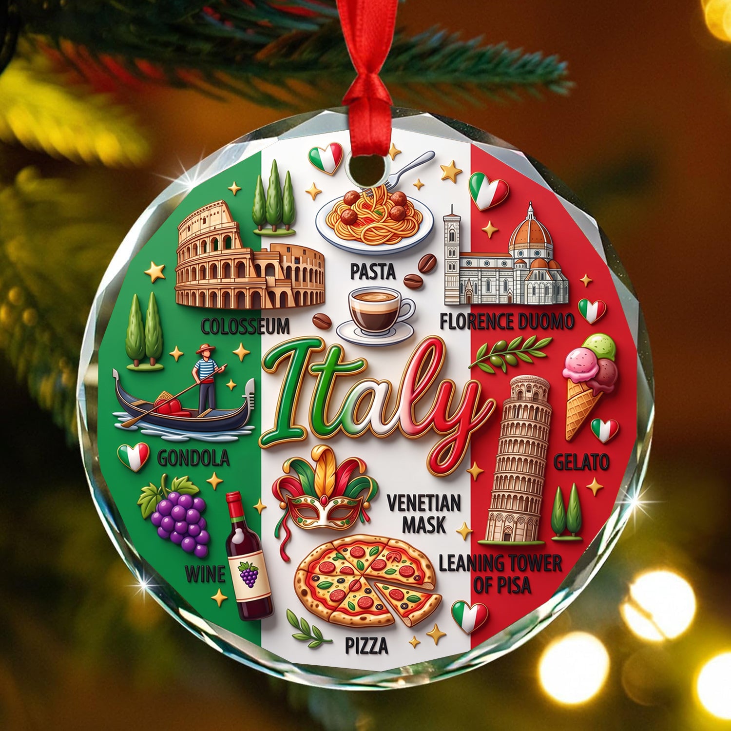 Italy Glass Ornament With 2D Print Symbols