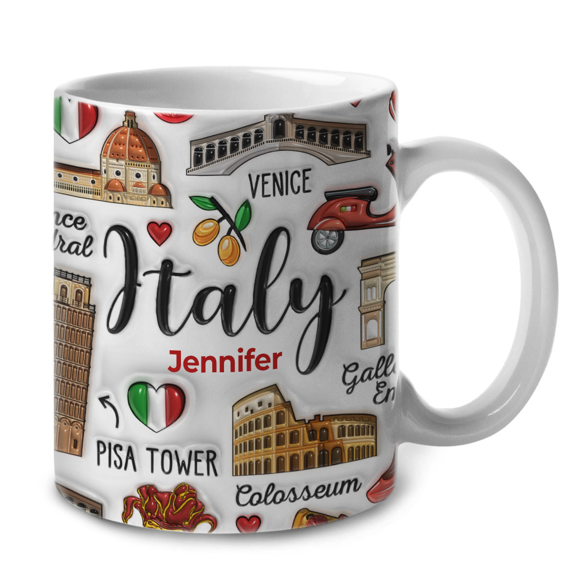 A white ceramic coffee mug with Italy-themed decorations and the name Jennifer printed on it. The mug features iconic symbols like the Colosseum and the Pisa Tower.