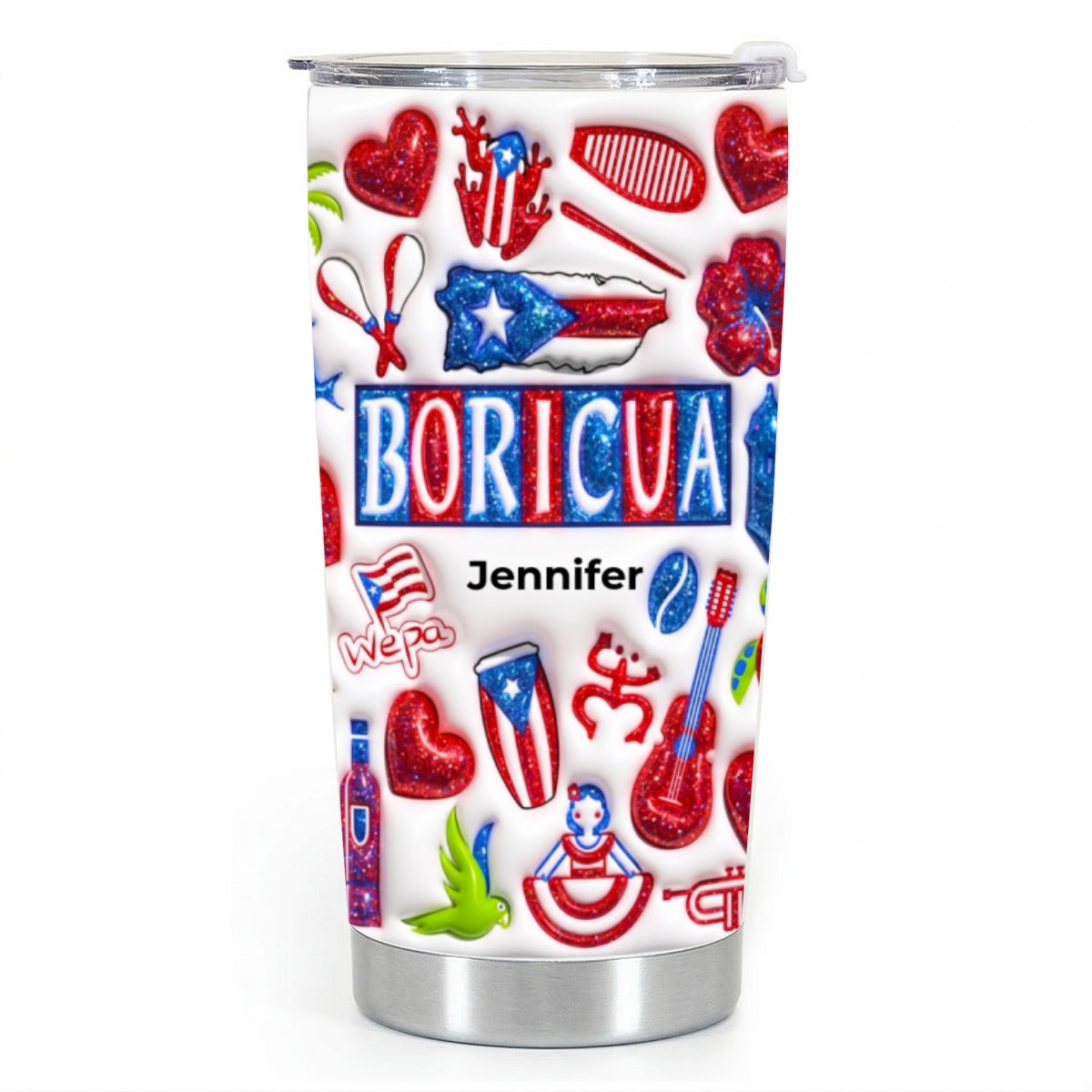 Custom Boricua Tumbler With Your Name With Glitter Effect Print