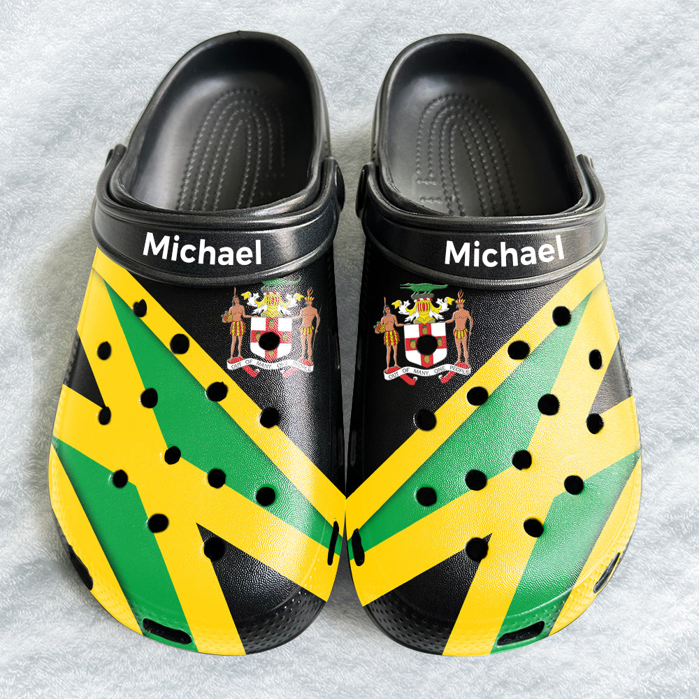 Jamaica Flag Coat of Arms Clogs Shoes With Custom Your Name