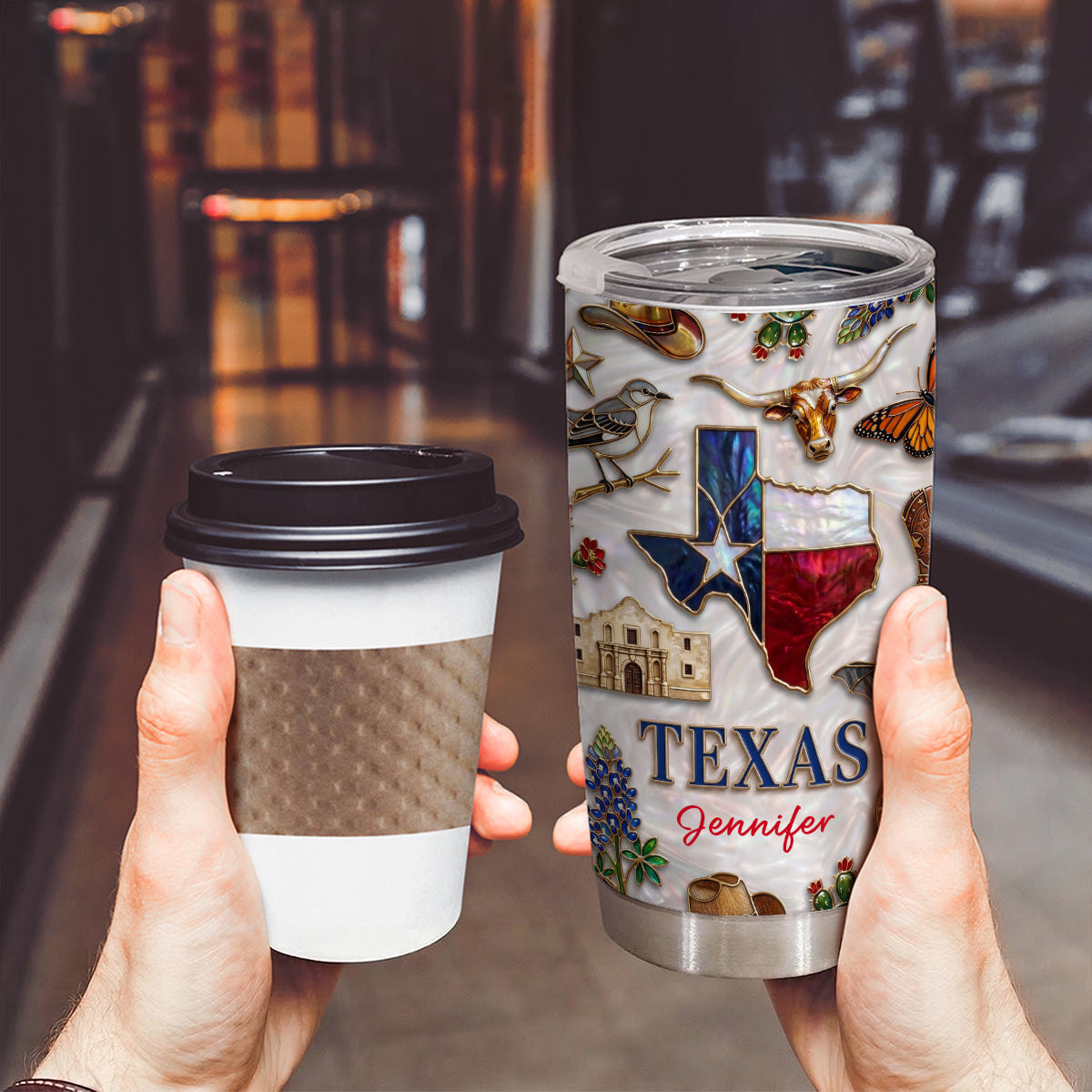 Custom Texas Tumbler With Texas Glitter Effect