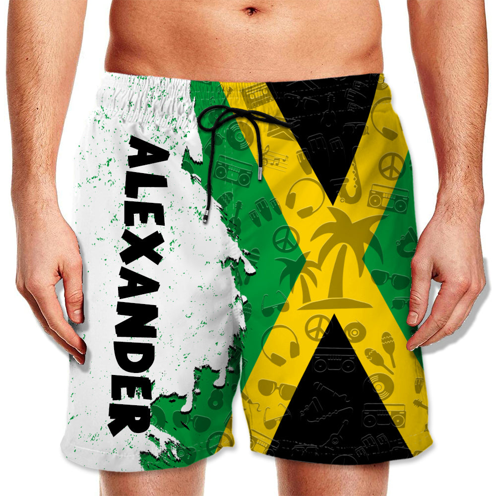 Jamaica Half Flag With Grunge Brush Men's Personalized Beach Shorts