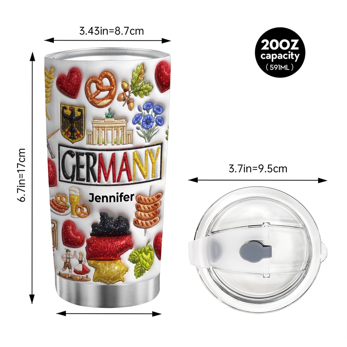 Custom Germany Tumbler With Your Name With Glitter Effect Print