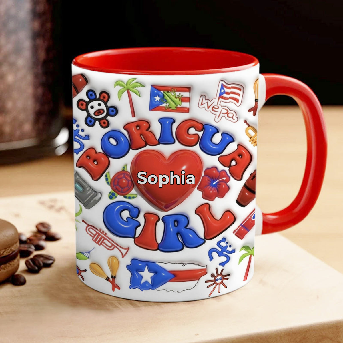 Custom Boricua Girl Accent Coffee Mug Cup With Name On Heart