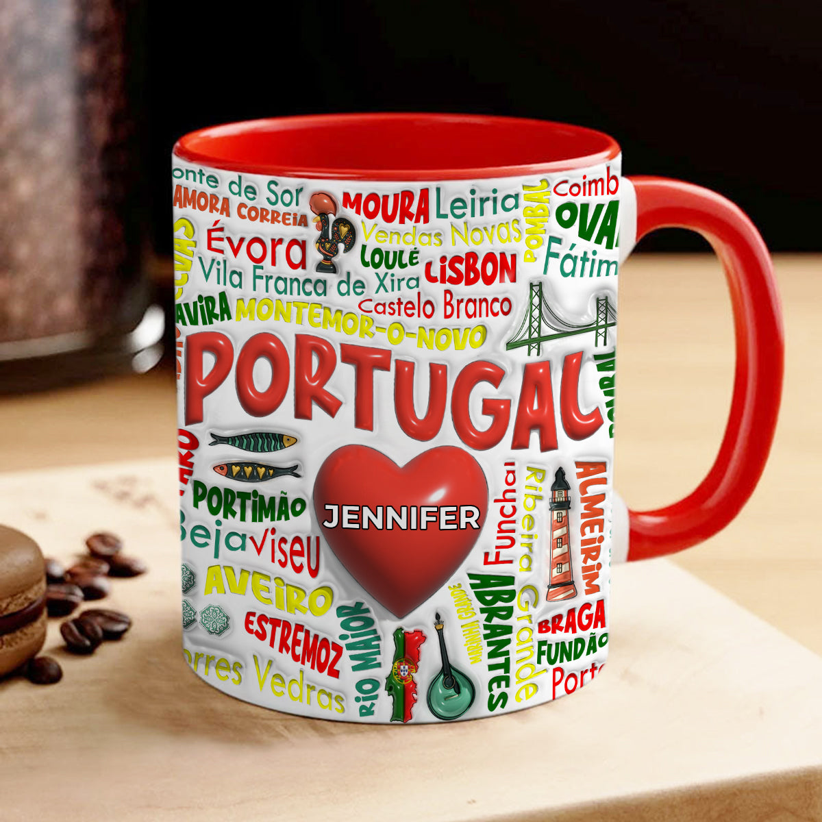Custom Portugal Accent Mug With Cities, Map, Heart And Your Name