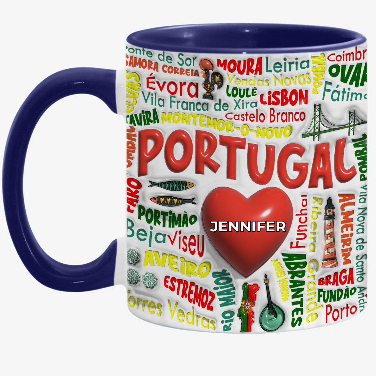 Custom Portugal Accent Mug With Cities, Map, Heart And Your Name