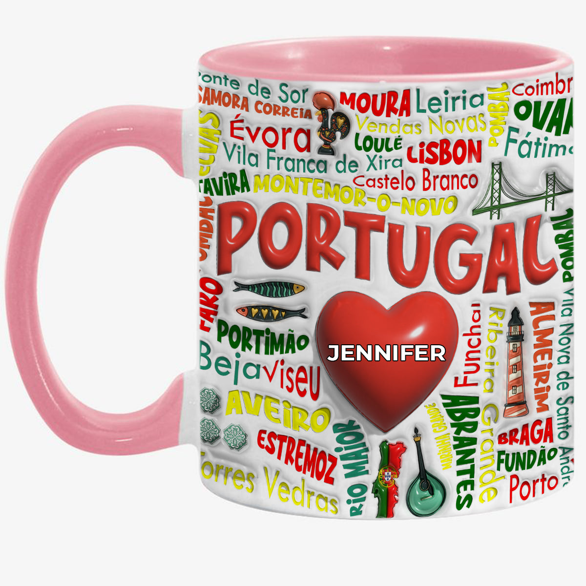 Custom Portugal Accent Mug With Cities, Map, Heart And Your Name