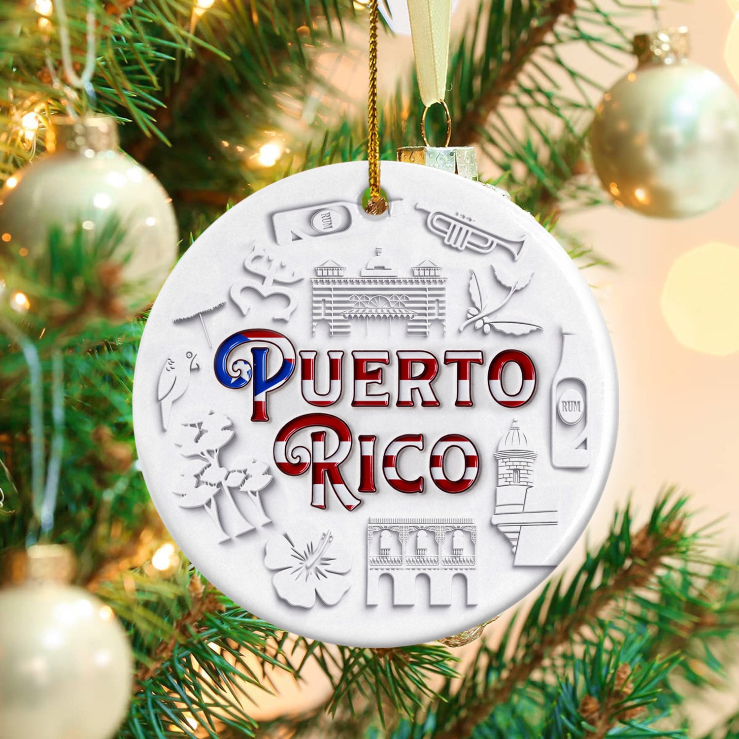 Puerto Rico Flag Circle Ornament With 2D Symbols Print
