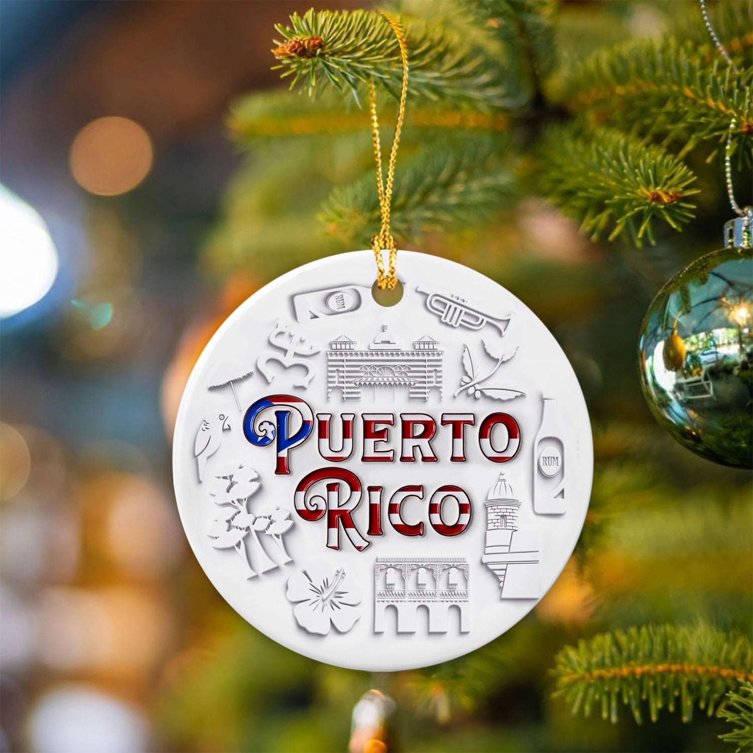 Puerto Rico Flag Circle Ornament With 2D Symbols Print