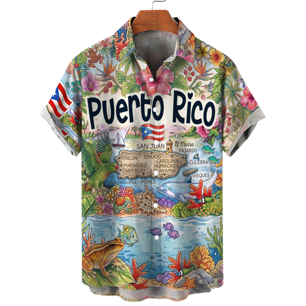 Puerto Rico Tropical Map Art Print Hawaiian Shirt