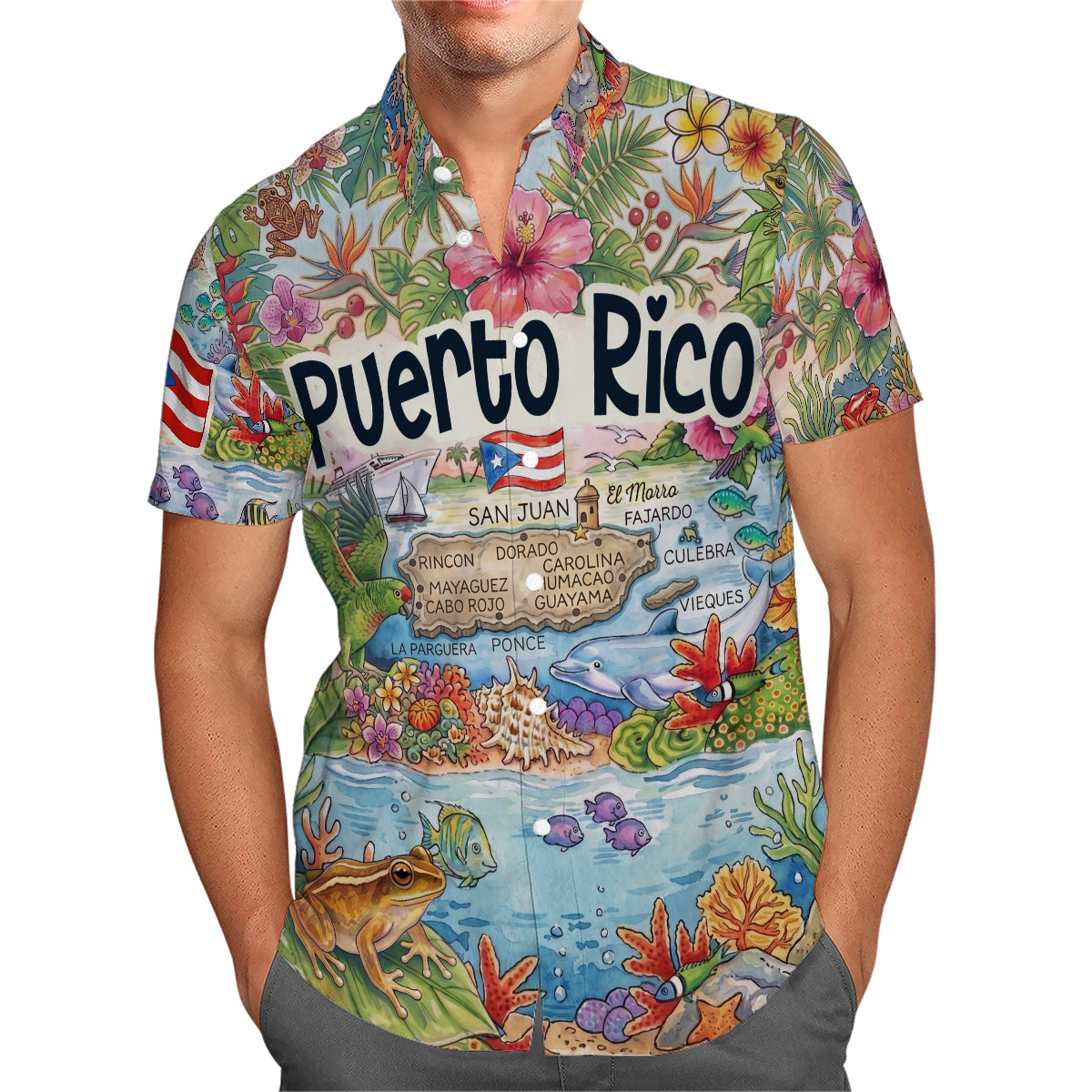 Puerto Rico Tropical Map Art Print Hawaiian Shirt
