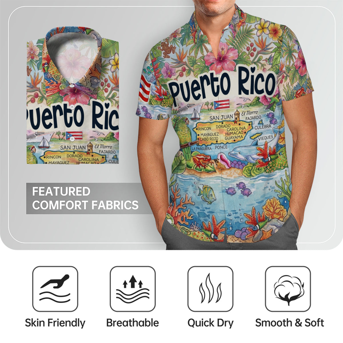 Puerto Rico Tropical Map Art Print Hawaiian Shirt