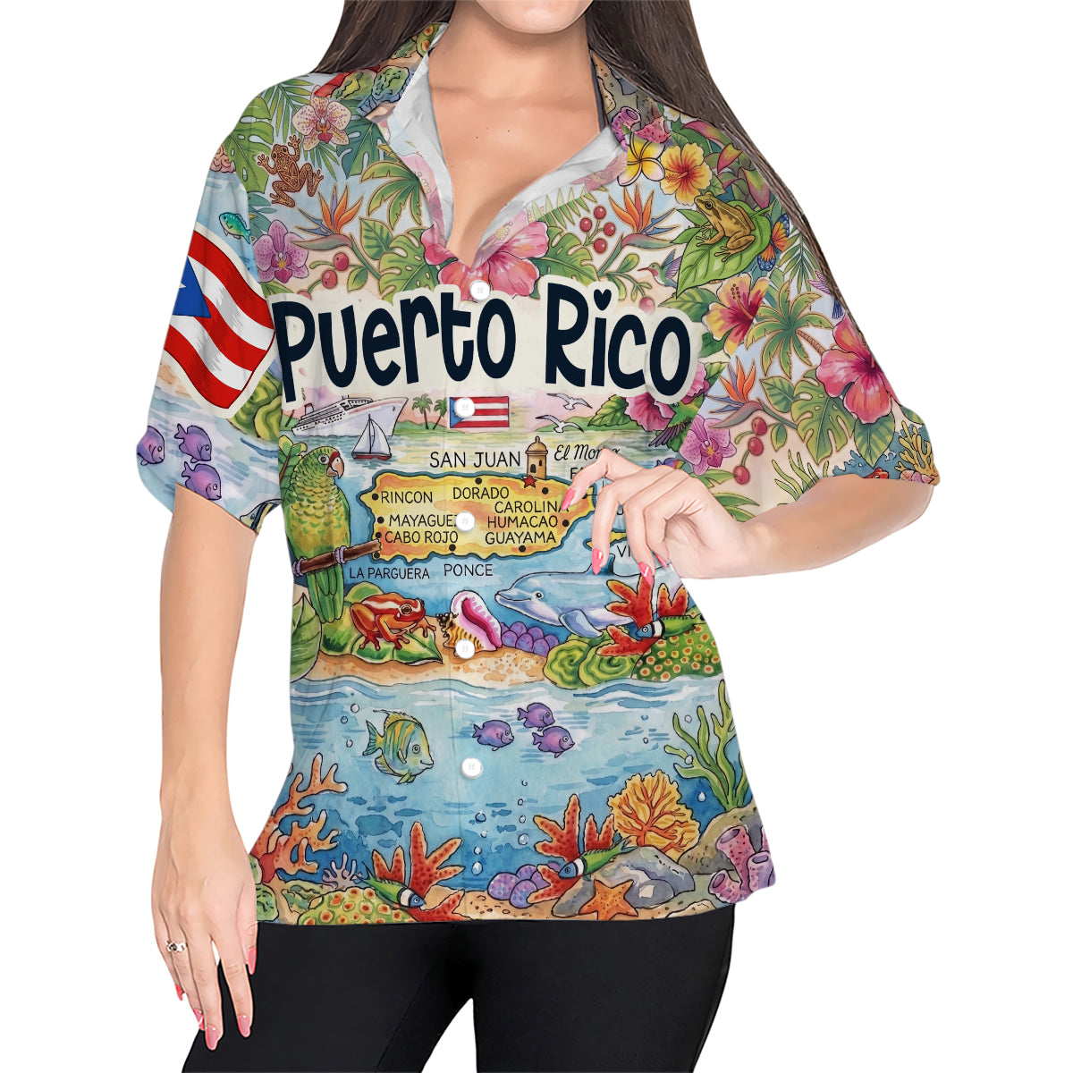 Puerto Rico Tropical Map Art Print Hawaiian Shirt
