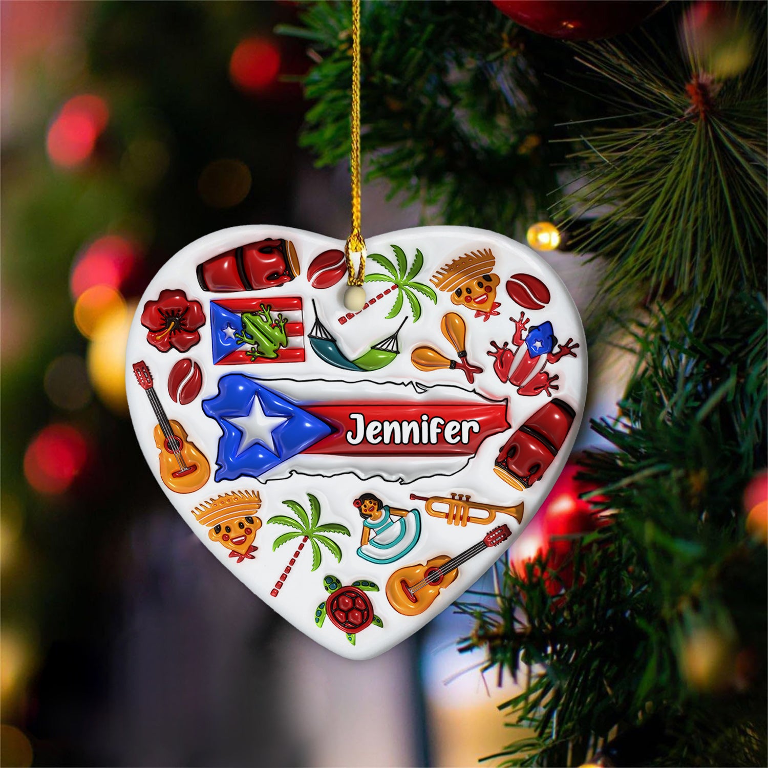 Custom Puerto Rico Heart Ornament With Many Symbols