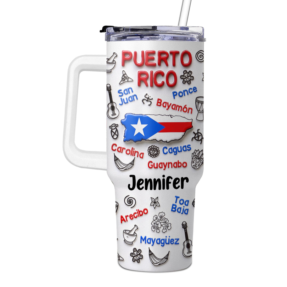 Custom Puerto Rico 40oz Tumbler Symbols With Puerto Rico Cities Around