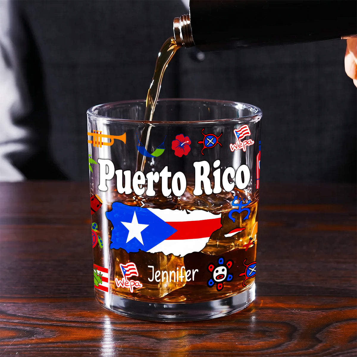 Custom Puerto Rico Symbols Whiskey Glass And Name