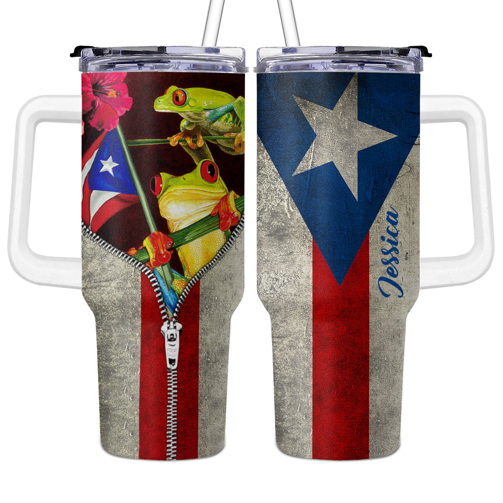 Personalized Puerto Rico 40oz Tumbler With Straw Frog Zipper Flag