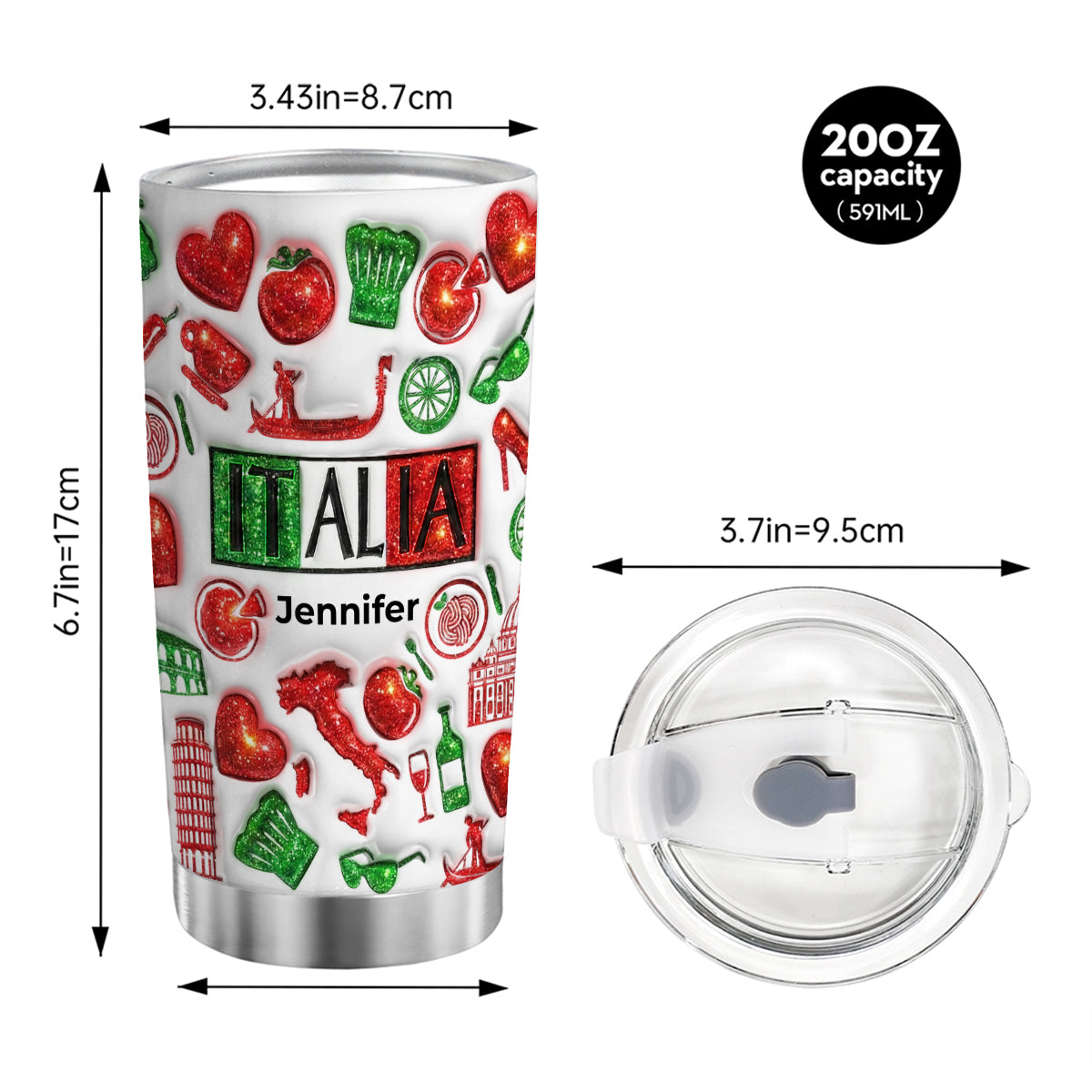Custom Italia Tumbler With Your Name With Glitter Effect