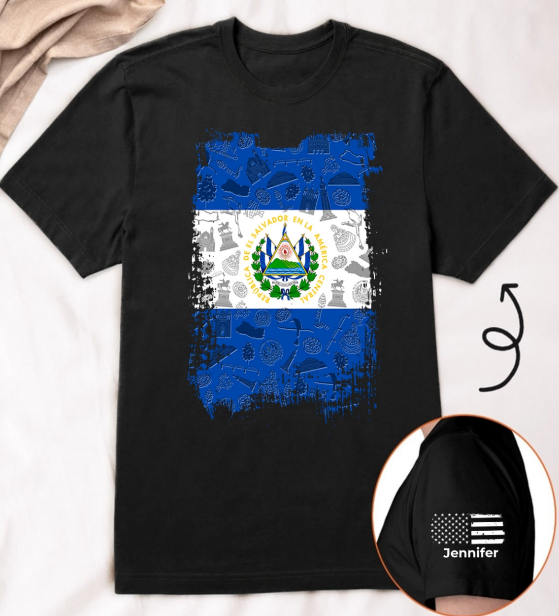 El Salvador Flag T-Shirt With Custom Name On Sleeve