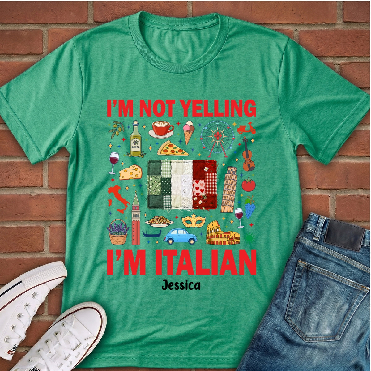 Custom I'm Italian T-shirt With Flag Faux Patchwork Effect