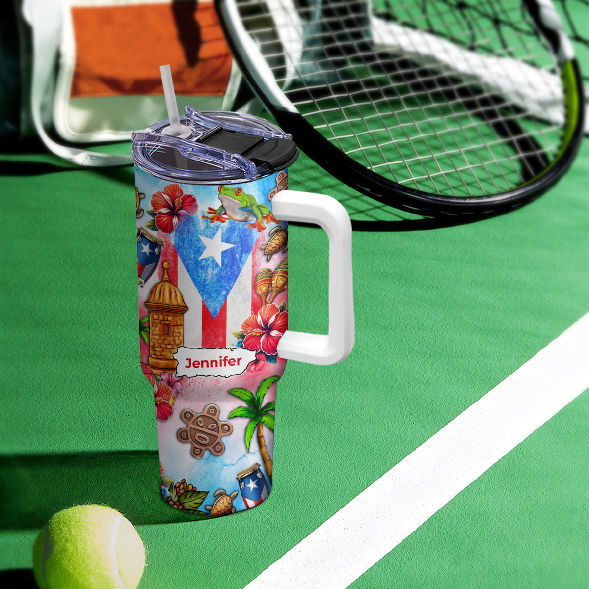 Custom Puerto Rico Tumbler 40oz With Water Color Background, Symbols