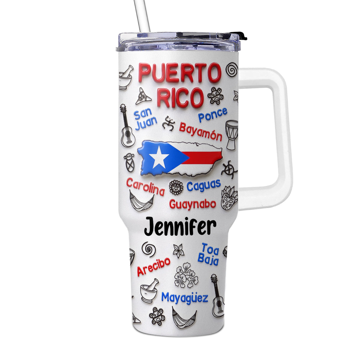 Custom Puerto Rico 40oz Tumbler Symbols With Puerto Rico Cities Around