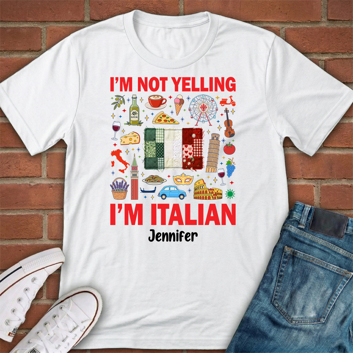 Custom I'm Italian T-shirt With Flag Faux Patchwork Effect