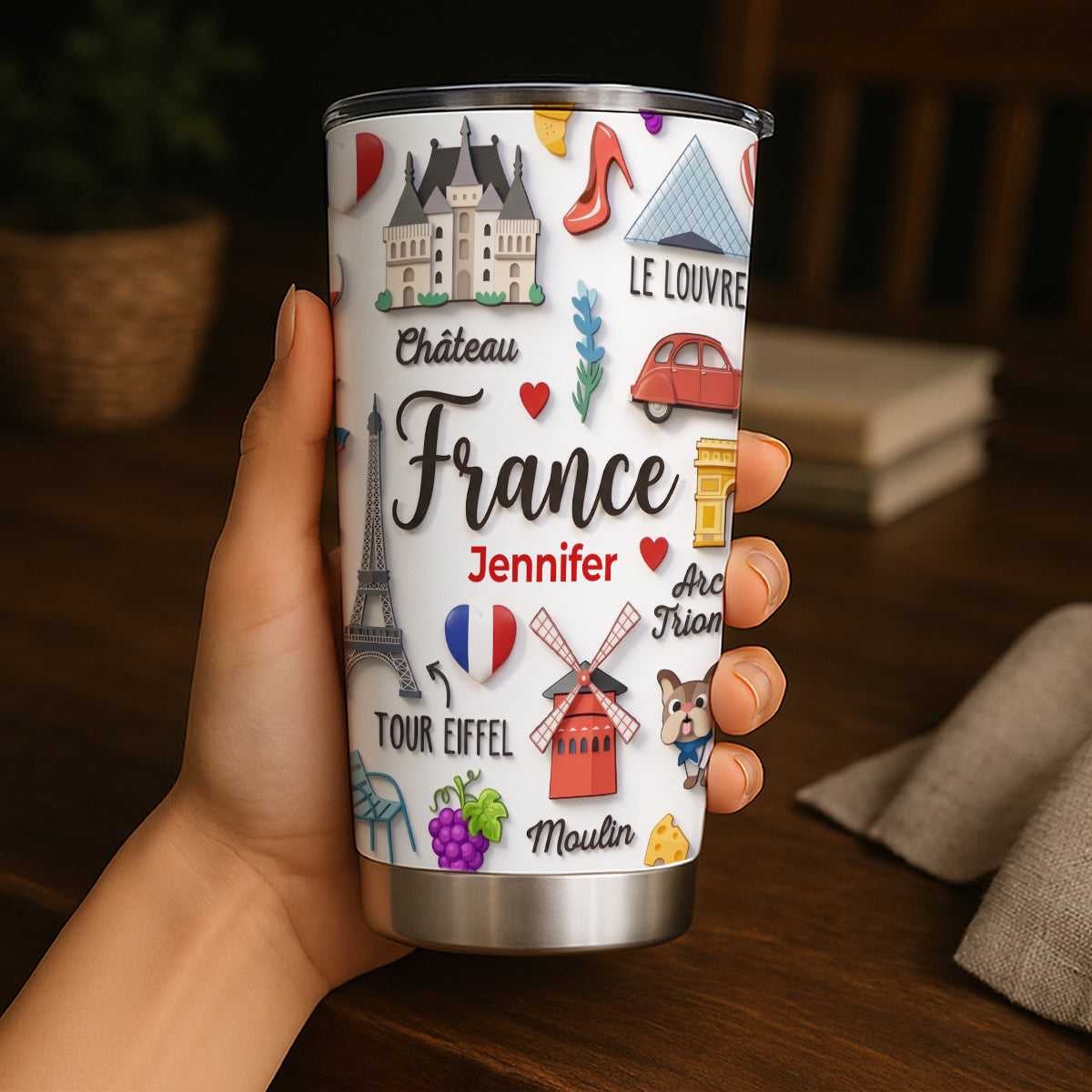 France Tumbler With Custom Your Name Emboss Effect