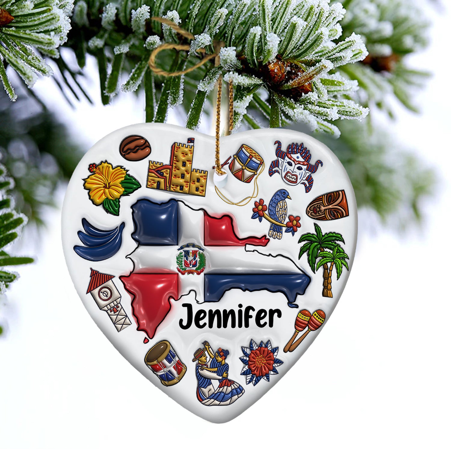Custom Dominican Republic Heart Ornament With Many Symbols